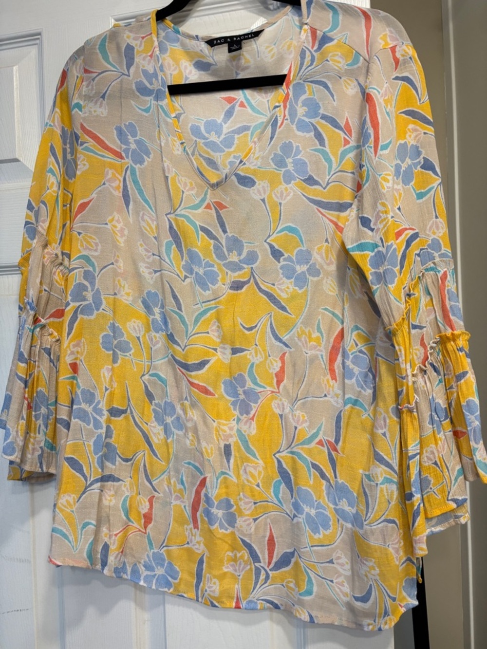 Zac & Rachel Yellow Floral V-Neck Blouse with Blue Accents